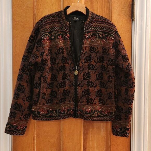 Icelandic Design Floral Fall Colors Wool Zip 90's Cardigan Sweater Jacket, Sz S - Picture 9 of 12